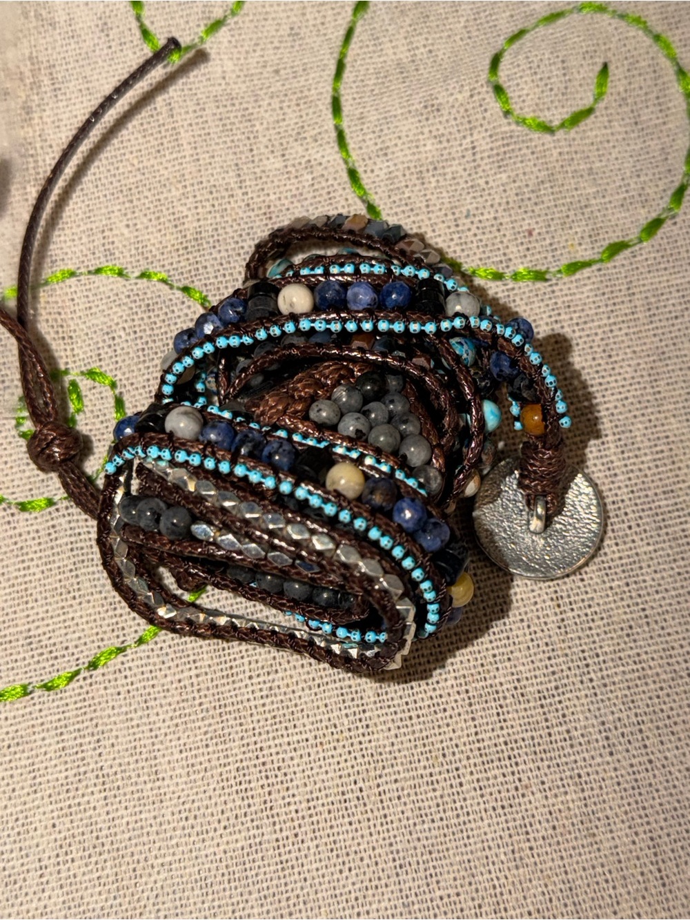 Brown ,Silver, Multi Blue & Turquoise Multi-Strand Beaded Wrap Strap for iPhone